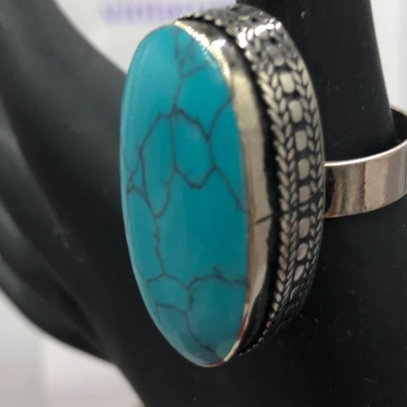 Ethnic Turquoise Stone Ring, Handmade Tribal Statement Ring, Stone Ring - Picture 3 of 6